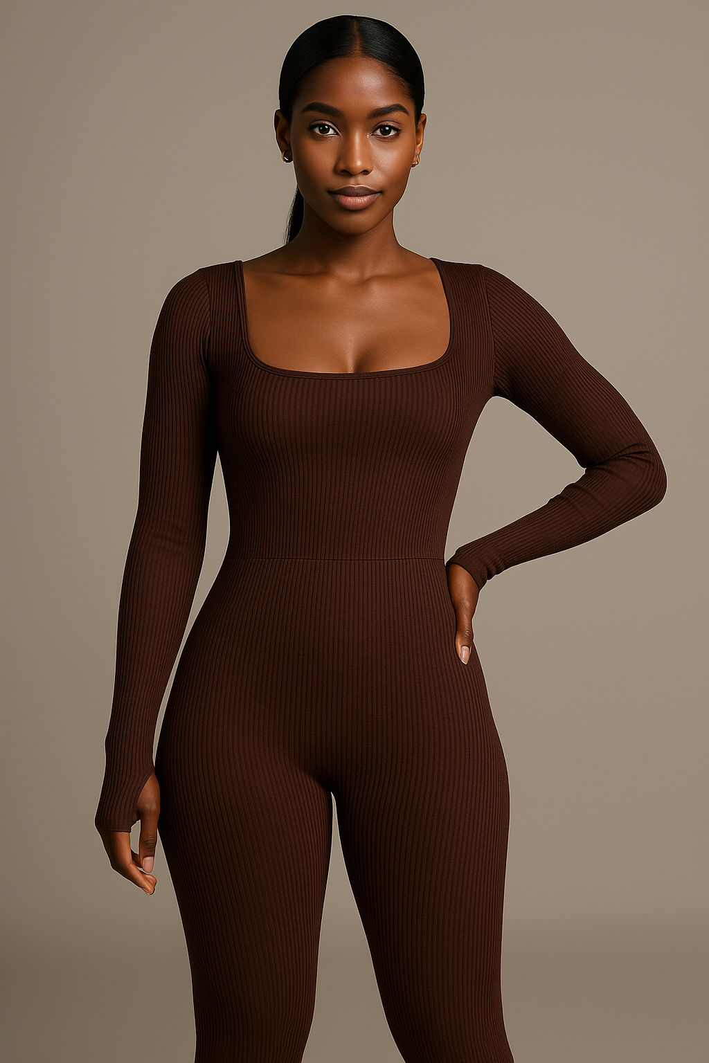 Ribbed Long-Sleeved Jumpsuit