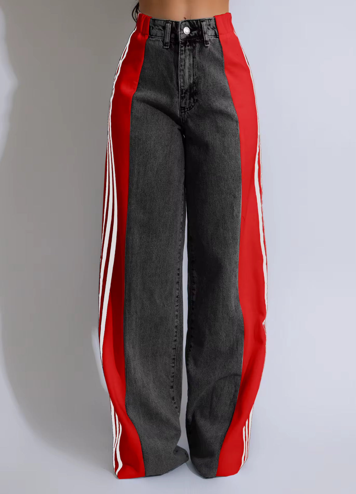 Red Wide-Leg Stripe Jeans