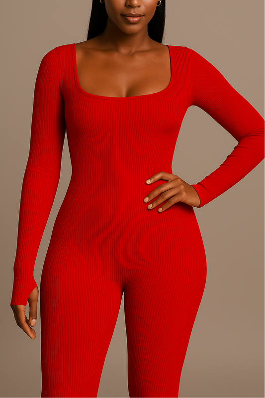 Ribbed Long-Sleeved Jumpsuit-Red
