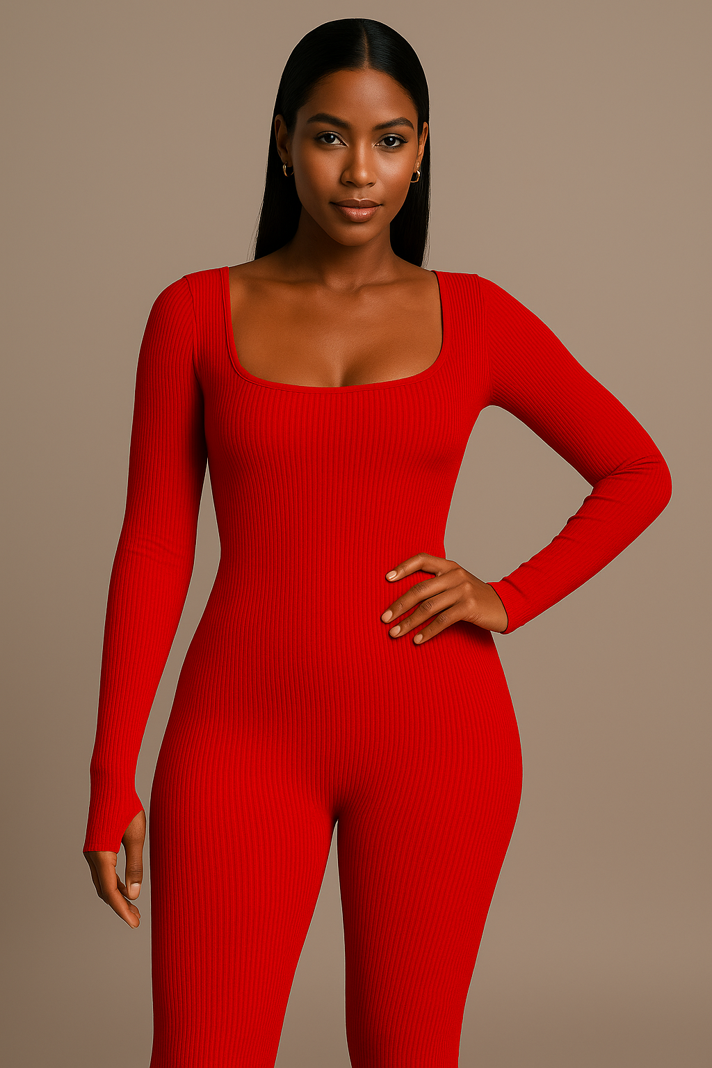 Ribbed Long-Sleeved Jumpsuit