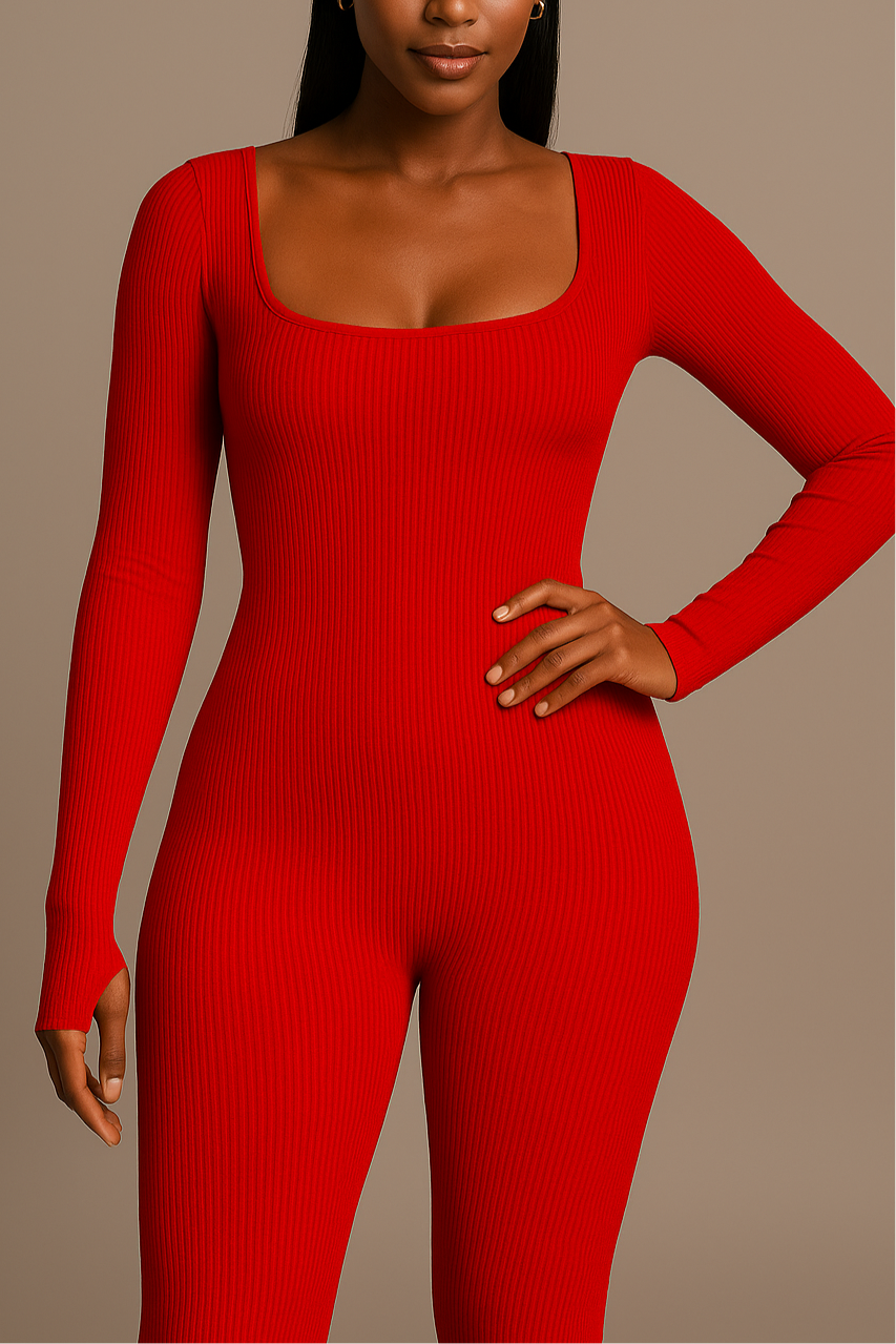 Ribbed Long-Sleeved Jumpsuit-Red