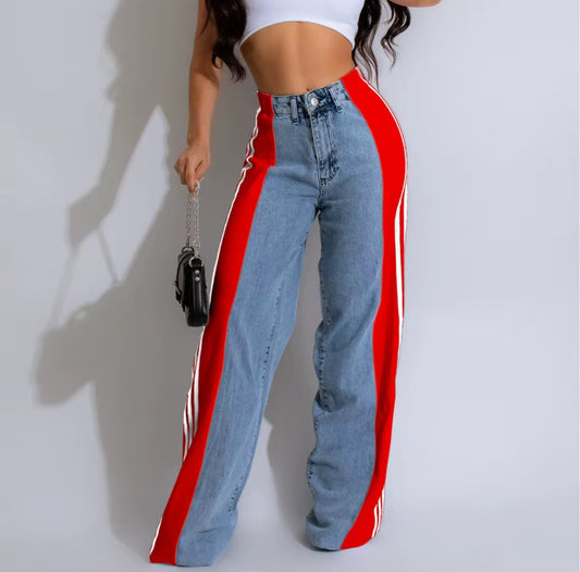Red Wide-Leg Stripe Jeans